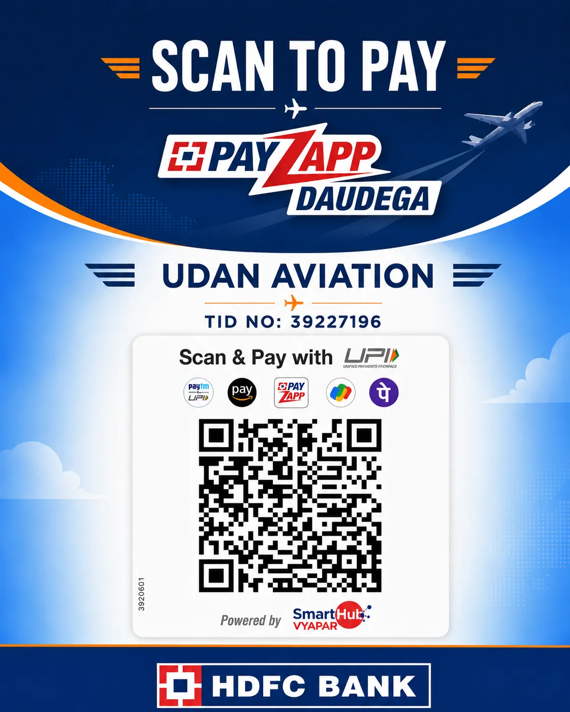 Udan Aviation HDFC Bank QR code for direct UPI payment